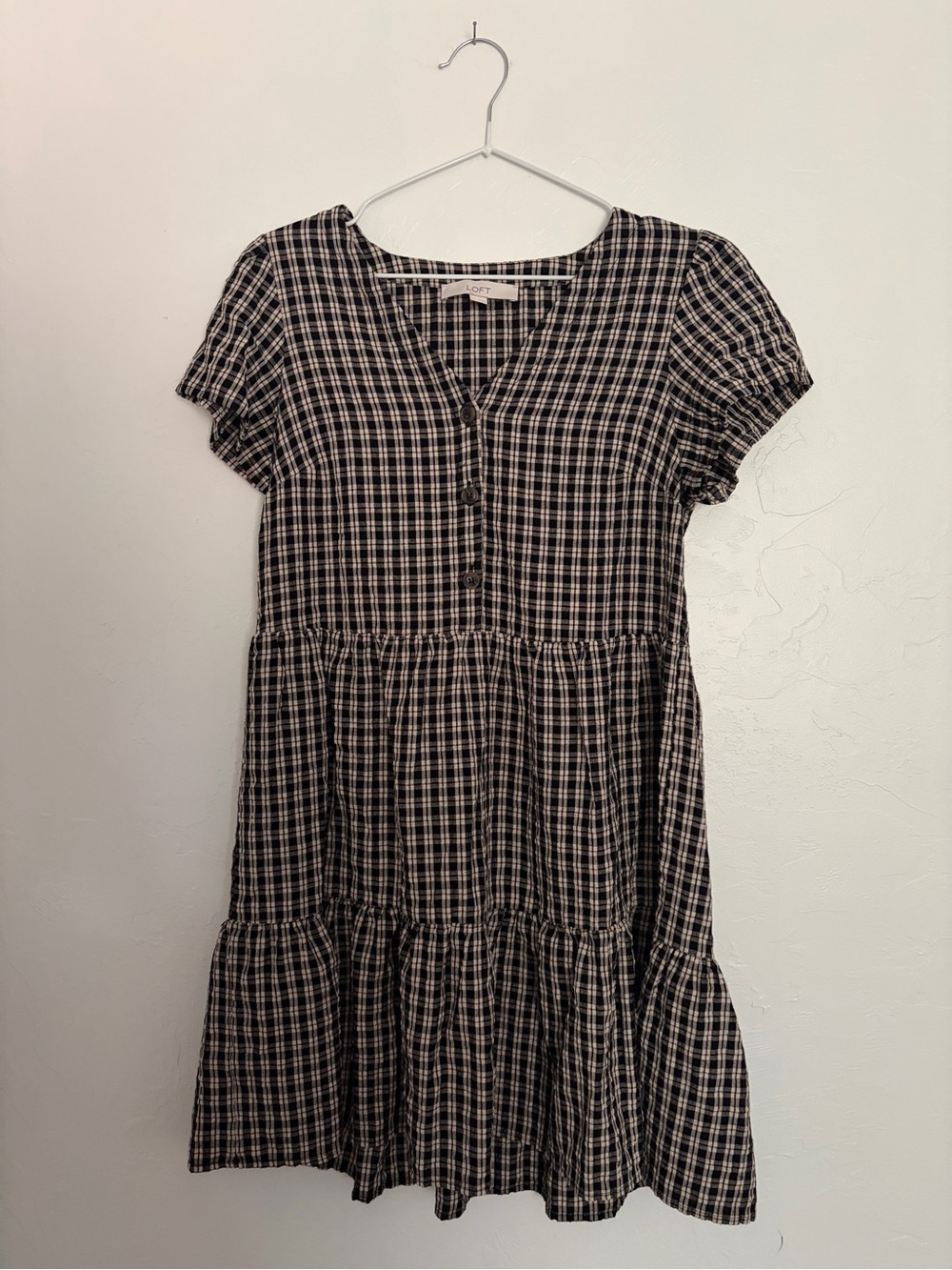 LOFT Black & White Plaid Tiered Button-Front Mini Dress